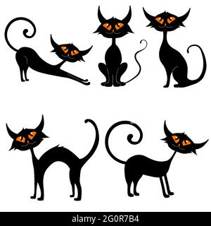 set of black cats in different poses with glowing eyes, vector isolated on a white background, Halloween Stock Vector