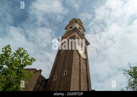 Venice during Covid19 lockdown, Italy, Europe, Clock tower at santi apostoli church, Stock Photo