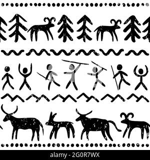 Prehostoric cave paintings art vector seamless pattern in black and white, primitive design inspired by stone drawings with people and animals Stock Vector