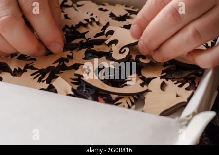An open box with a wooden jigsaw puzzle close-up. Women's fingers picking out a fragment of the complex puzzle. Active leisure. Logic games. Selective Stock Photo