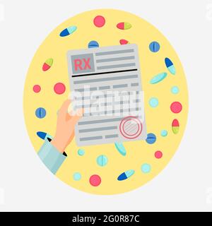 Doctors hand with rx form and pills Stock Vector