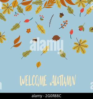 autumn greeting postcard with falling leave vector Stock Vector