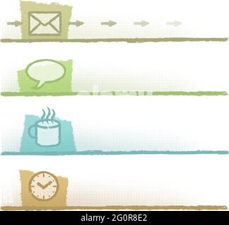 Set of four banners with icons related to office work. Stock Vector