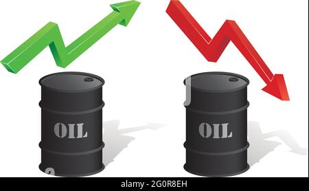 Oil barrel with two arrows: one green and one red. Stock Vector