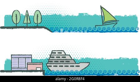 Two illustrations of landscape format. In the first picture a sailboat sailing on the waves. The other illustration shows a cruise ship docked at the Stock Vector