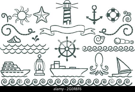 Set of symbols related topics sailors drawn with grunge strokes. Stock Vector