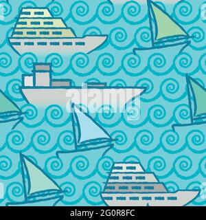A seamless background of different types of boats sailing on waves. The drawings are made with grunge stroke. Stock Vector