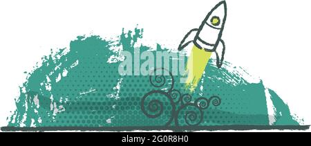 A rocket blasts off into space on a grunge background. Stock Vector