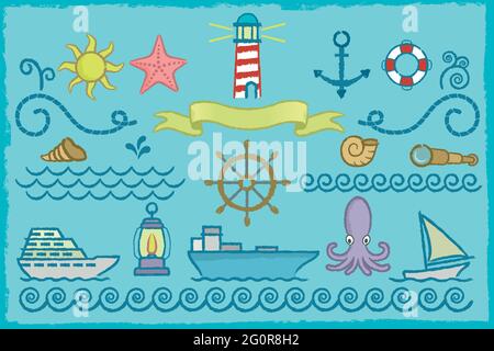 Set of symbols related topics sailors drawn with grunge strokes and colored. Stock Vector