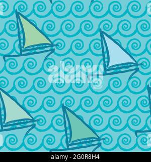 A seamless background of sailing boats sailing on blue waves. The drawings are made with grunge stroke. Stock Vector