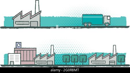 Set of two banners related to industrial production and transport of goods, made ​​with rough strokes. Stock Vector