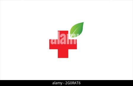 Simple red medical cross icon design vector with   nature leaf logo design illustration Stock Vector