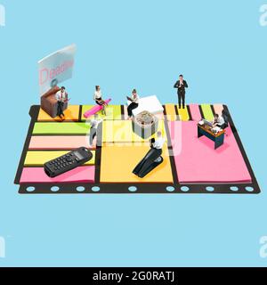 Business concept. Young people, office workers or clerks in office suit isolated on blue background. Collage, illustration Stock Photo