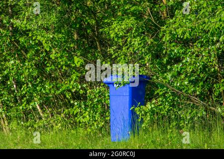 single empty blue waste bin in a public park standing in the bushes Stock Photo
