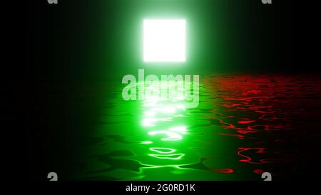 A GLOWING 3D GREEN CUBE AND A REFLECTIVE FLOOR, 3d illustration, 3d rendering,