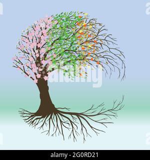 A tree of life with pink blossom and flower butts, green leafs, autumn leafs and winter branches Stock Vector