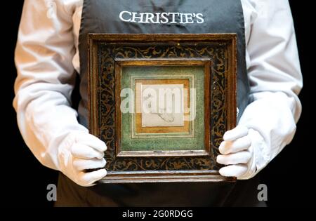 London, UK. 3rd June, 2021. 'Head of a Bear' by Leonardo Da Vinci will be offered for auction at Christie's in the Old Masters Sale on July 8th. The estimate is £8-12 Million pounds. Christie's Old Masters sale. Credit: Mark Thomas/Alamy Live News Stock Photo