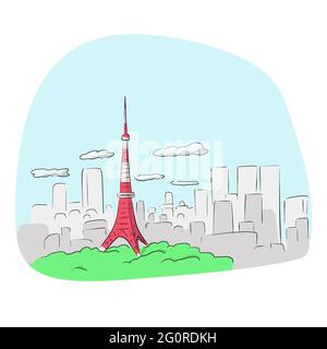 Tokyo tower, landmark of Japan hand drawn isolated on white background illustration vector Stock Vector