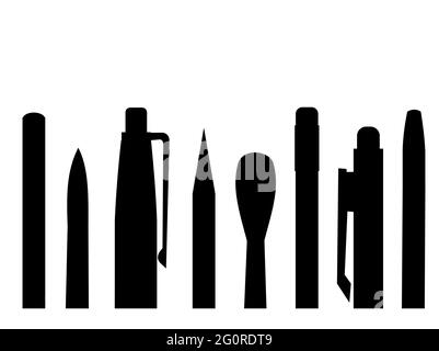 Stationery. Horizontal background silhouette picture for art studio, stationery store, school. Isolated object. Brushes, pencils, felt-tip pens. Botto Stock Vector