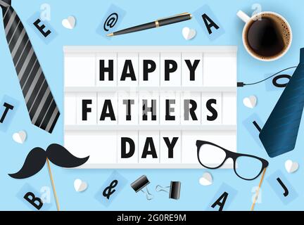 Happy father's day vector illustration. Light box background. Happy Father Day design for greeting card, poster, banner. Mustache, glasses, coffee. Stock Vector
