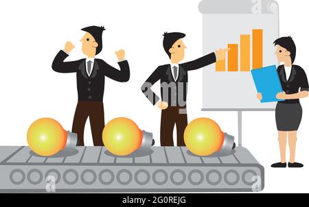 Businessmen production of ideas through analytics and data. Concept of innovation and creativity. Flat vector illustration. Stock Vector