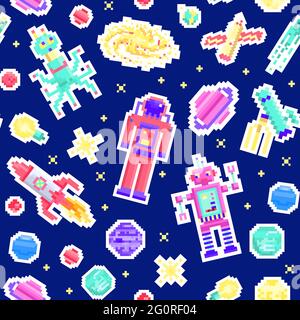 Space stars Seamless pattern. Alien spaceman, robot rocket and satellite cubes solar system planets pixel art, digital vintage game style. Mercury Stock Vector