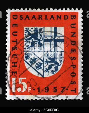 Stamp printed in Saar, Germany, shows Saar Coat of Arms, circa 1957 Stock Photo