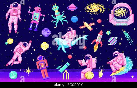 Set of space stars, alien spaceman, robot rocket and satellite cubes solar system planets pixel art, digital vintage game style. Cosmonaut on whale Stock Vector