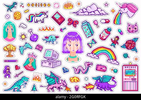 Pixel art 8 bit objects. Retro digital game assets. Set of Pink fashion icons. Vintage stickers for girl. Arcades Computer video and characters. Pony Stock Vector