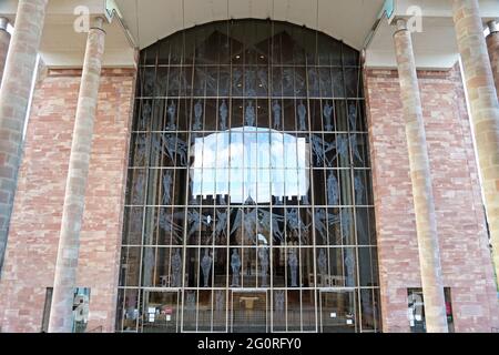 'Screen of Saints and Angels' (John Hutton, 1962, engraved glass), New Coventry Cathedral, Priory Street, Coventry, West Midlands, England, UK, Europe Stock Photo