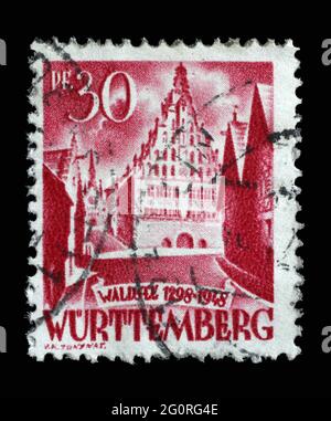 Stamp printed in Germany, French Occupation of Wurttemberg shows Waldsee Townhall, circa 1948 Stock Photo