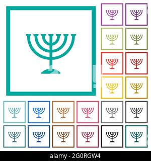 Menorah flat color icons with quadrant frames on white background Stock Vector