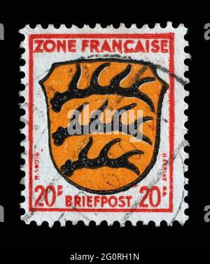 Stamp printed in Germany, the French zone showing the Coat of Arms of Wurttemberg, circa 1945 Stock Photo