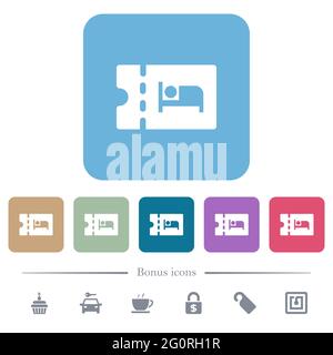 Accommodation discount coupon white flat icons on color rounded square backgrounds. 6 bonus icons included Stock Vector