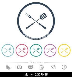 Barbecue fork and spatula in crossed position flat color icons in round outlines. 6 bonus icons included. Stock Vector