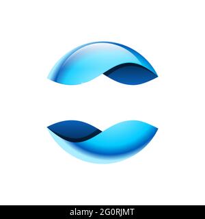 Blue shiny sphere logo. Two blue glowing circle halves with place for text. Abstract yin yang ball. Glowing sphere symbolizing water or ocean. Vector Stock Vector