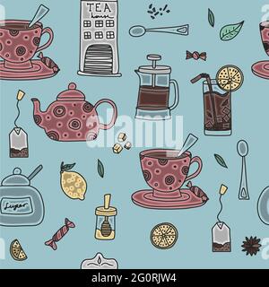 Seamless pattern of hand drawn coffee and tea doodles. A set of isolated vector drawings for tea drinking and making all kinds of coffee. A set of Stock Vector