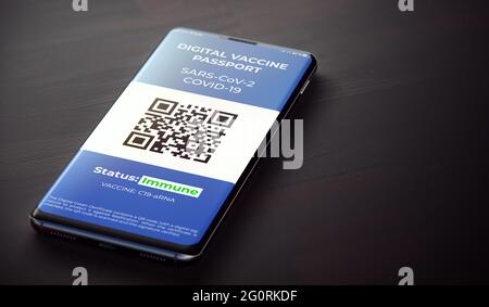 COVID-19 Vaccination Passport in Mobile Phone for Travel. Digital Health Passport app in Mobile Phone for Travel during COVID-19 pandemic.. 3D. Stock Photo