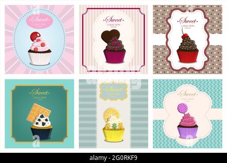 Big vector retro set. Cupcakes with topping with a geometric background. Vector greeting card for a birthday or holiday. Dessert for a website, bakery Stock Vector