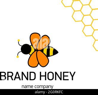 Orange Merry bee. Logo for honey producer company. Happy cartoon abstract bee flying. Vector illustration in flat style. Stock Vector