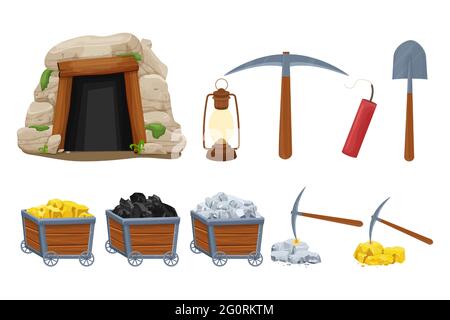 Set mine tools, equipment in cartoon style isolated on white background. Wooden cart with gold, silver, coal ore, tunnel entrance, retro lamp, pickaxe Stock Vector