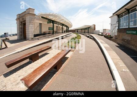 Folkestone Harbour Railway Station wide angle view Stock Photo