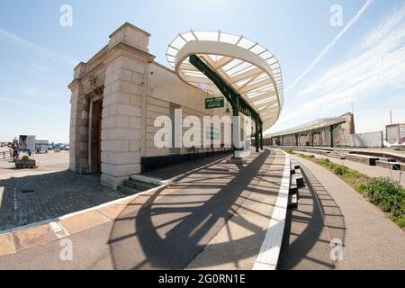 Folkestone Harbour Railway Station wide angle view Stock Photo