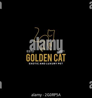 Mono line golden cat logo design vector template Stock Vector