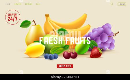 Fresh fruits delivery service web banner with 3d illustration of fresh fruits with twenty four seven icon Stock Vector