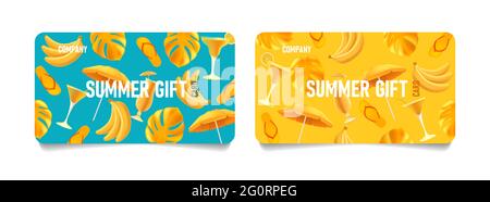 Set of summer gift cards or vouchers with bright 3d illustrations of summer beach attributes Stock Vector