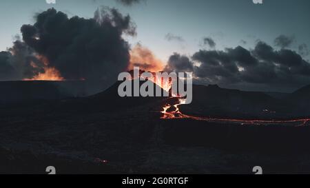 MAY 2021: The broader Fagradalsfjall volcanic system comprises an area of eruptive fissures (fissure swarm), cones and lava fields in the southern part of the Reykjanes peninsula. A strong seismic crisis began in the area near Fagradalsfjall since late Feb 2021, interpreted as intrusion of magma at shallow depth. This led to the first historic eruption of the volcano on 19 March 2021. Stock Photo