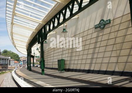 Folkestone Harbour Railway Station wide angle view Stock Photo