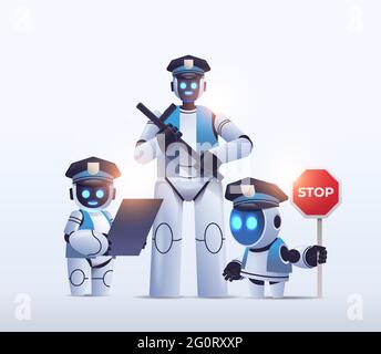 police robots patrol cops in uniform standing together artificial intelligence technology concept Stock Vector