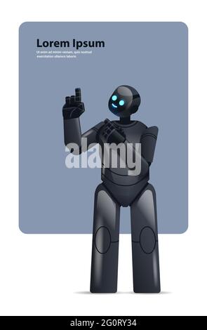 black robot cyborg pointing at something modern robotic character artificial intelligence technology concept Stock Vector
